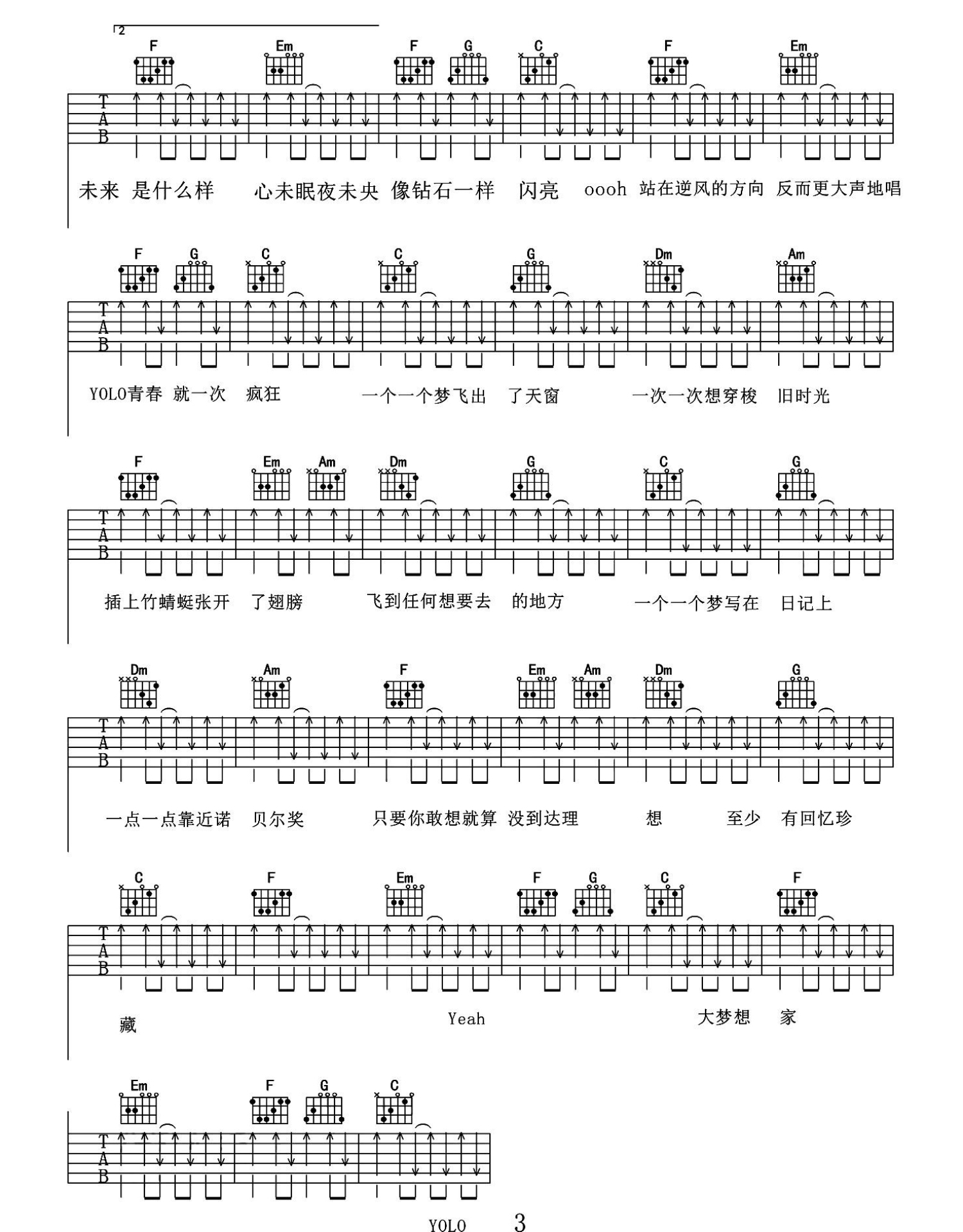 《大梦想家》吉他完整版六线谱 - C调吉他谱 - TFBoys国语版 - 吉他简谱