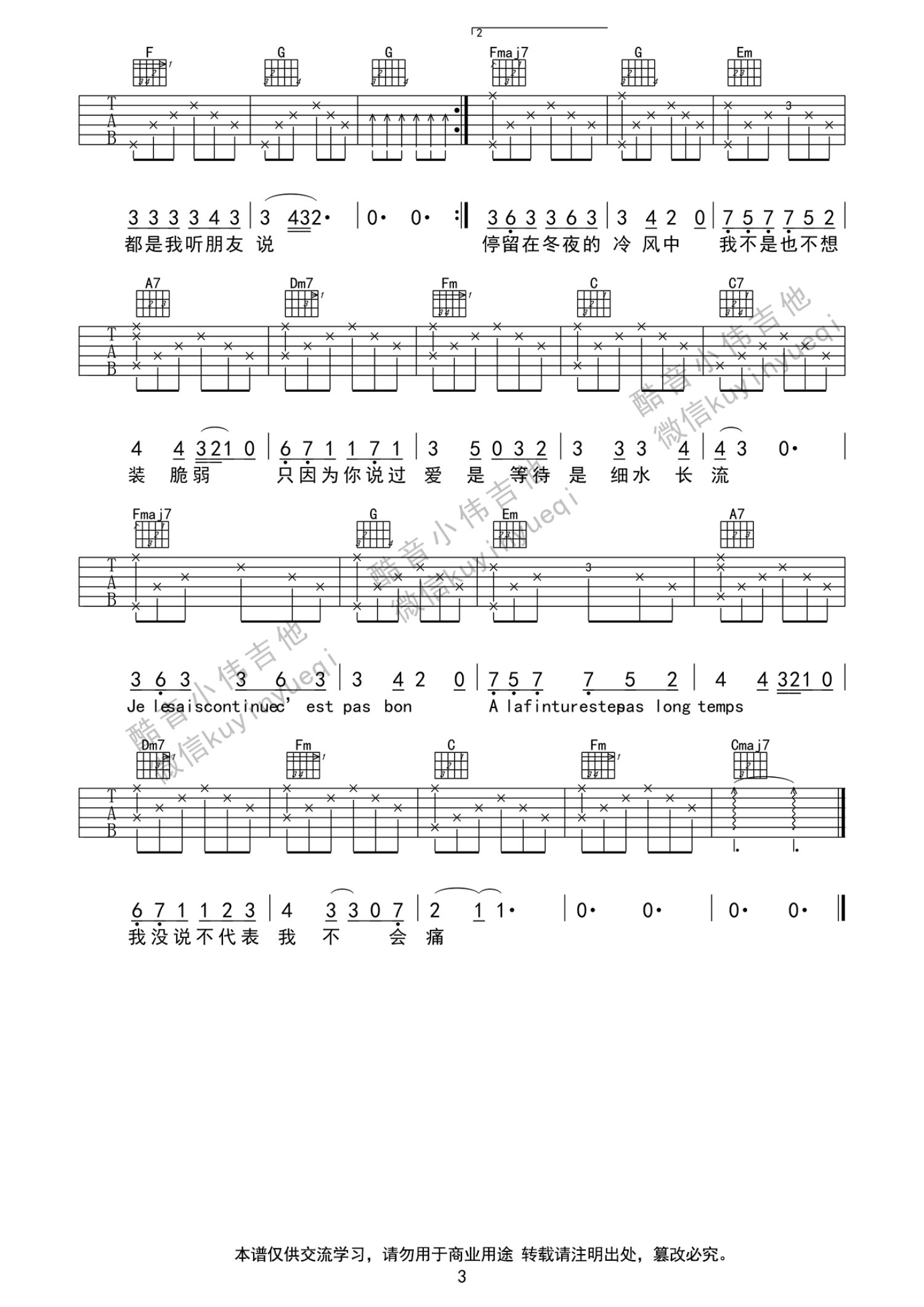 《走在冷风中》最简单的C调版吉他谱子 - 刘思涵和弦谱(弹唱谱) - 原调Eb调 - 国语版初级吉他谱 - 易谱库