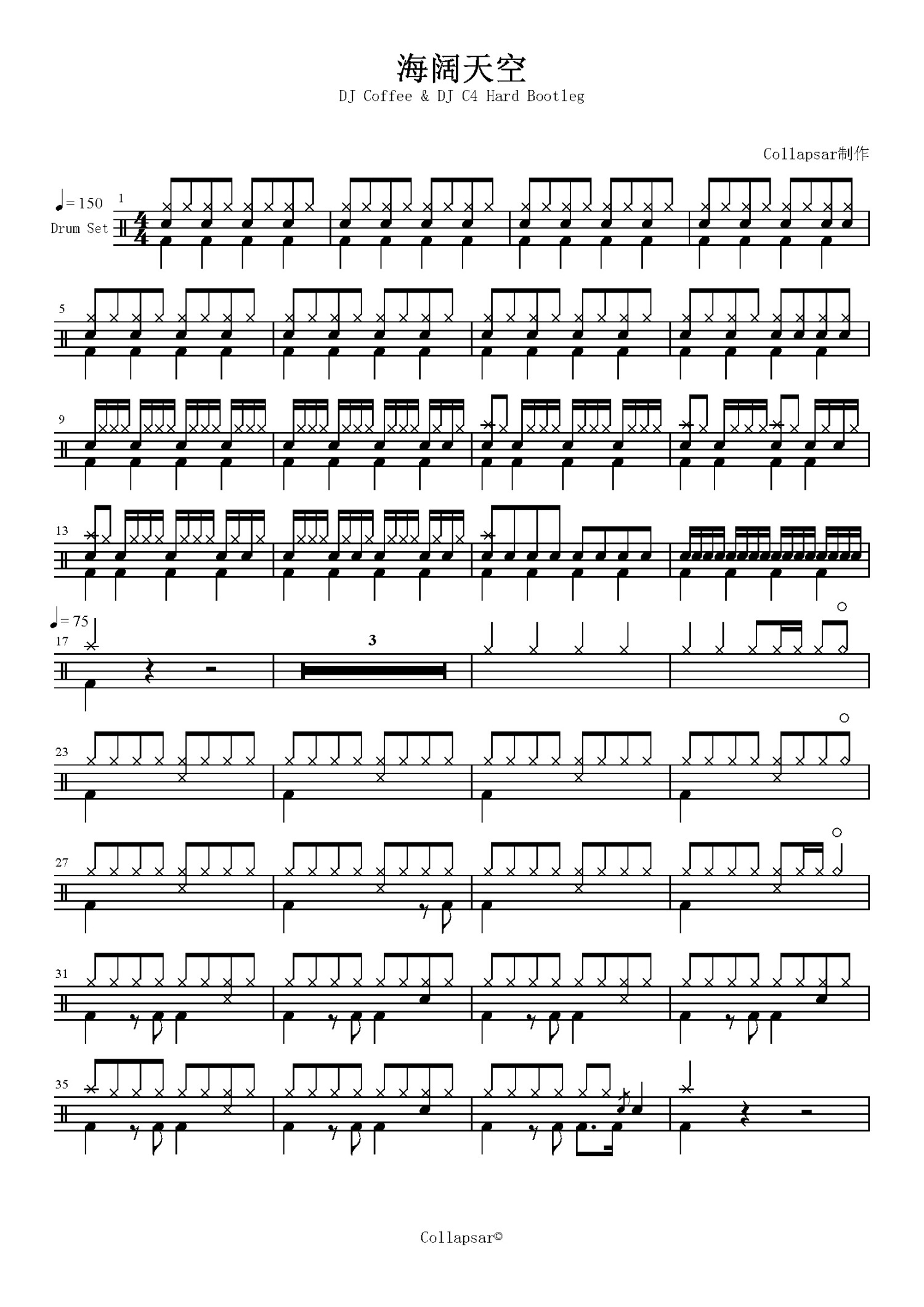 dj coffee & dj c4 hard bootleg《海阔天空》鼓谱_架子鼓谱 - 打谱啦