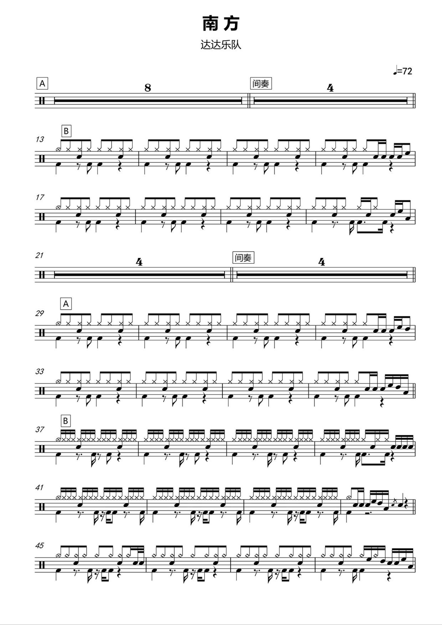 达达乐队南方鼓谱架子鼓谱