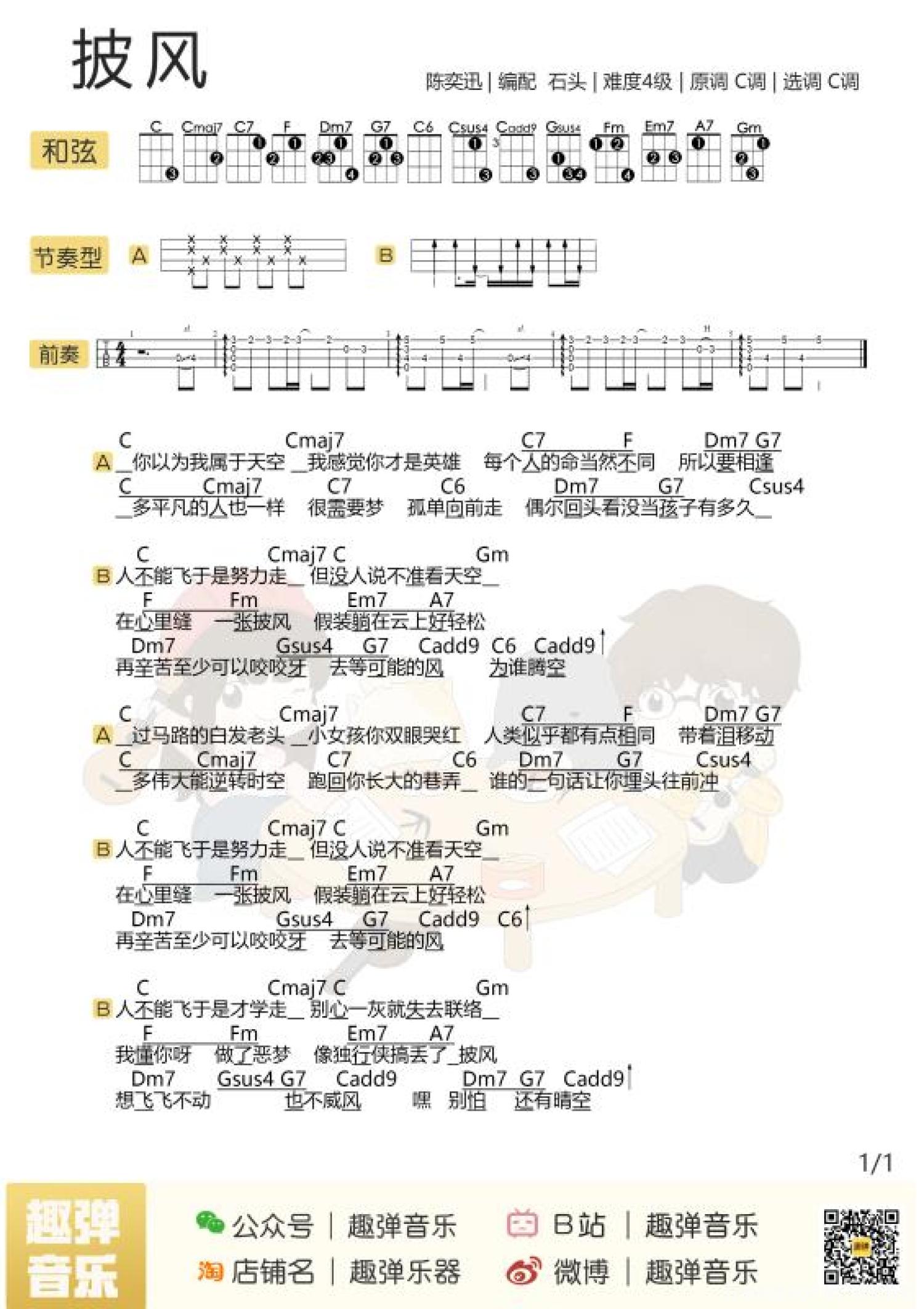 披风吉他谱-陈奕迅-披风C调六线谱-原版弹唱谱-吉他控