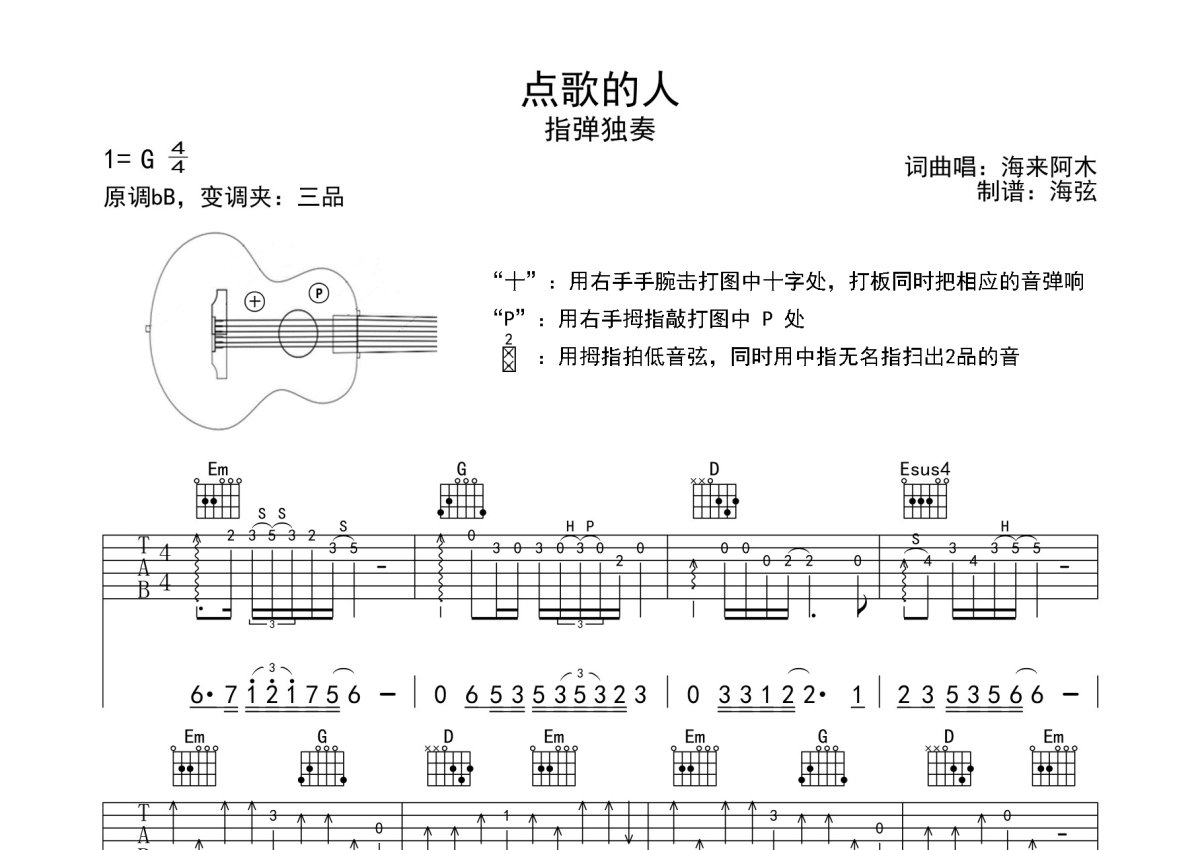 海来阿木点歌的人吉他谱g调吉他独奏谱