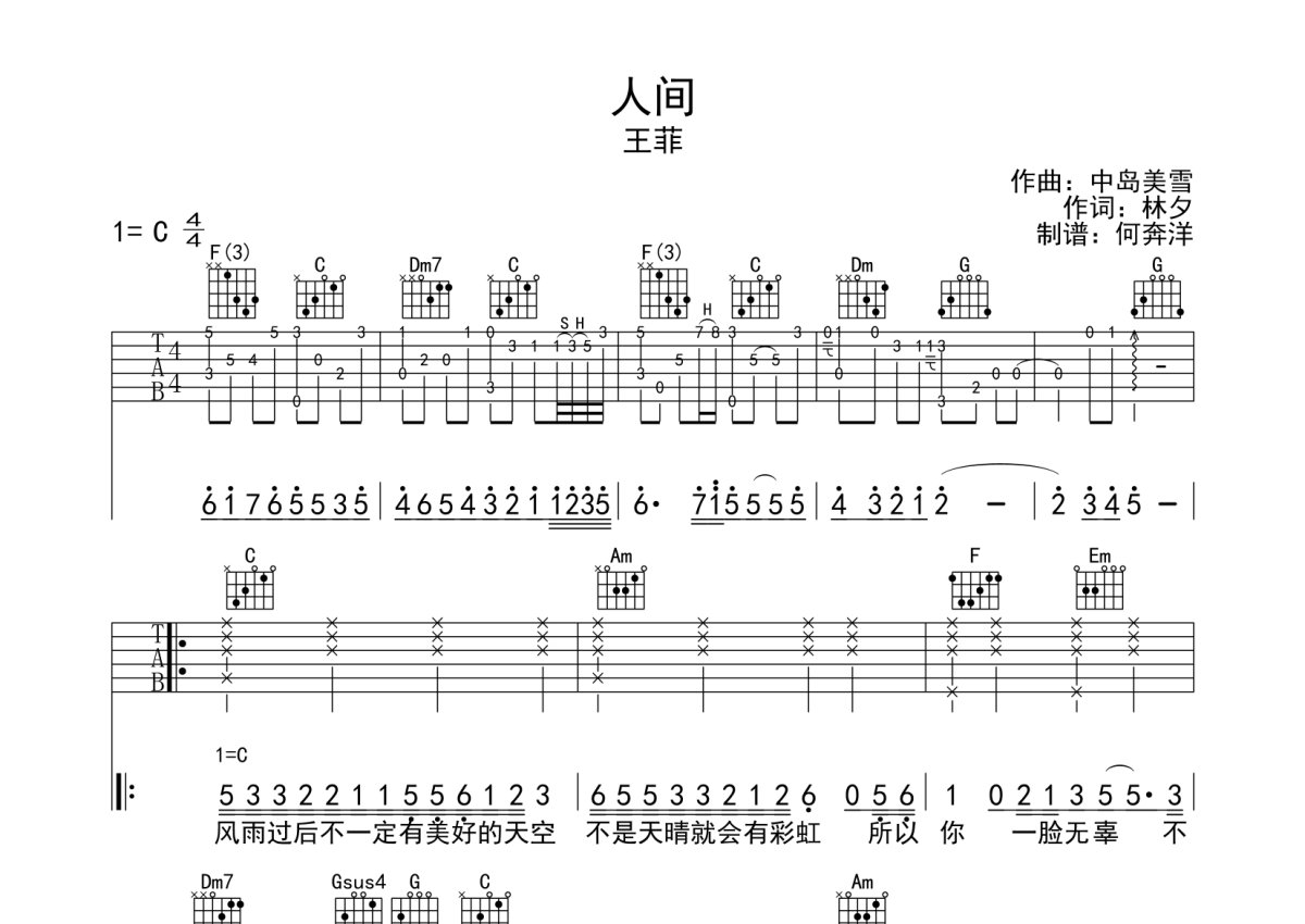 王菲的完整版吉他六线谱《人间》- 中级国语吉他谱 - C调指法编配 - 变调夹Capo=0 - 易谱库
