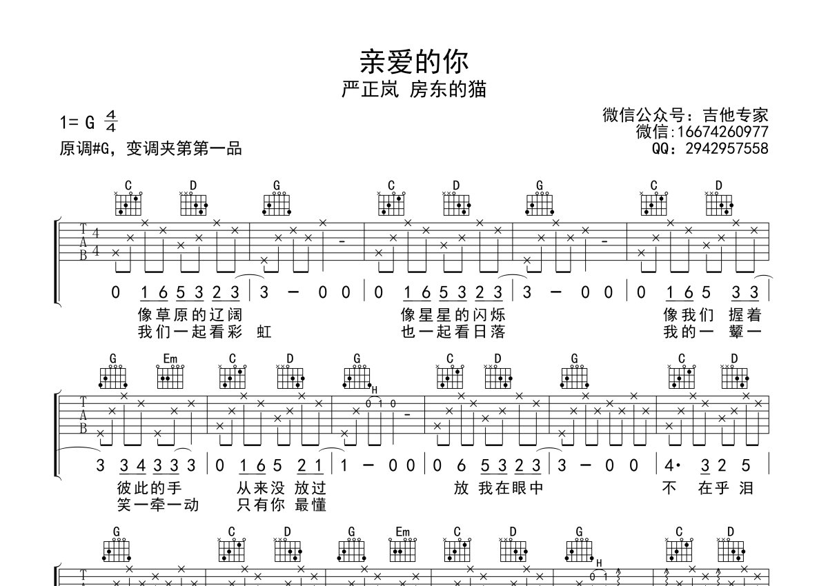 房東的貓嚴正嵐親愛的你吉他譜g調吉他彈唱譜