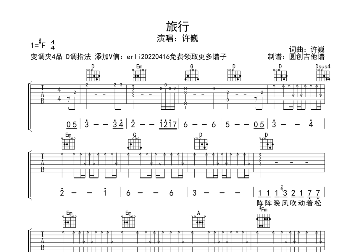 許巍旅行吉他譜d調吉他彈唱譜掃弦編配原版編配