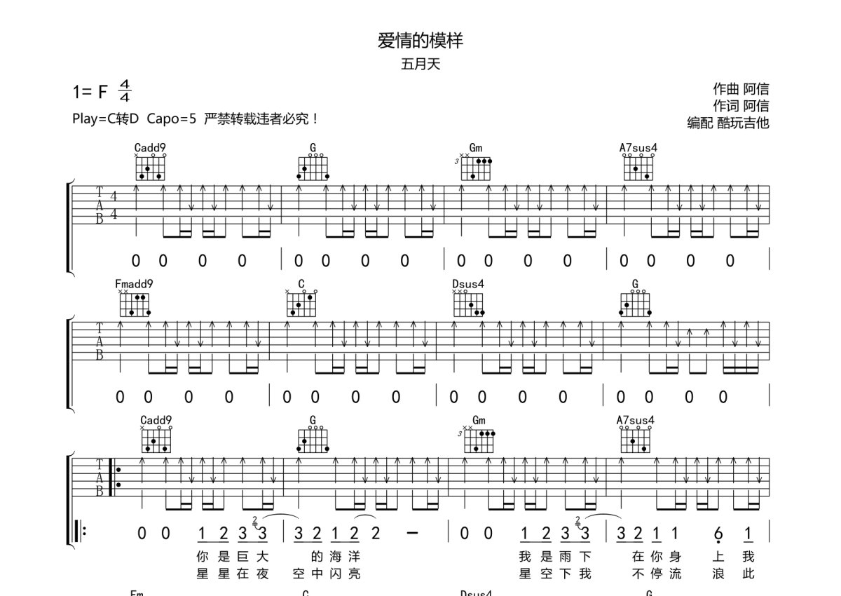 【吉他谱简单版】五月天 天使 C调-吉他曲谱 - 乐器学习网