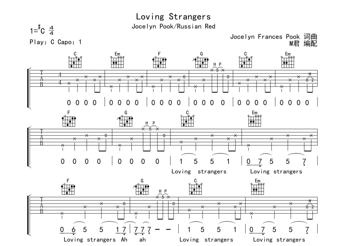 loving strangers吉他谱/六线谱（爱德文吉他教室编配版）_器乐乐谱_中国曲谱网